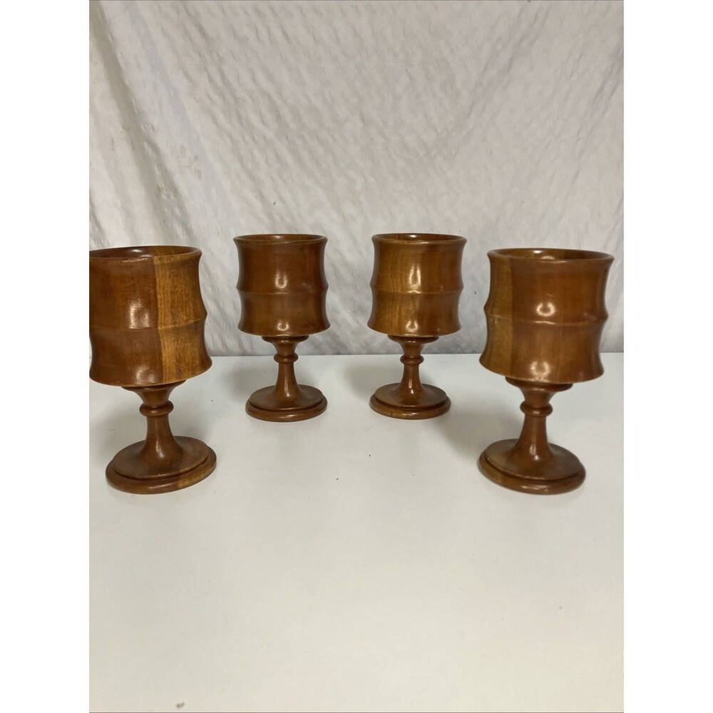 Set of 4 Mid Century Treen Ware Turned Wood Goblets Raised Cup Chalice 6.5”
